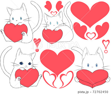 バレンタインのハートとネコ 白猫 青い瞳 のイラスト素材