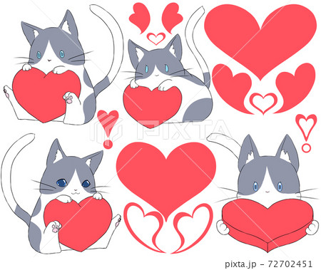 バレンタインのハートとネコ ハチワレ猫 のイラスト素材