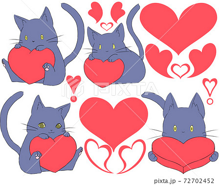 バレンタインのハートとネコ 黒猫 金の瞳 のイラスト素材