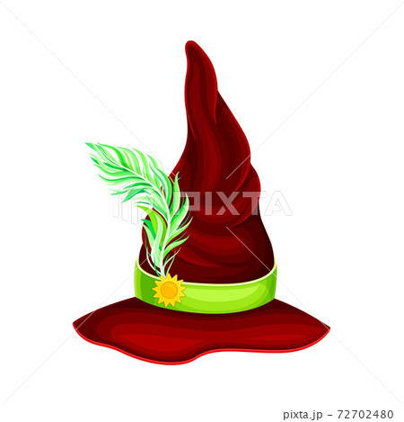 Wide Brimmed Witch Red Hat with Conical Crown and Strap with Feather Vector Illustration 72702480