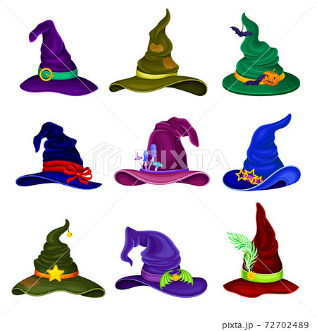 Wide Brimmed Witch Hats with Conical Crown, Ribbon, and Buckle Vector Set 72702489