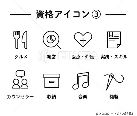 資格 スキルのアイコンのセット ビジネススキル 趣味 イラスト グルメ 経営 医療 介護 福祉のイラスト素材