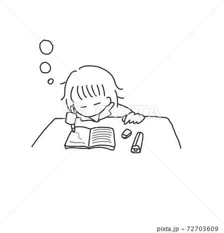 勉強しながら寝落ちする女の子 白黒 のイラスト素材