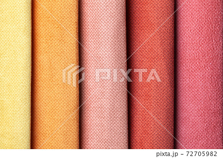 Sample of velvet and velour textile red and yellow colors, background. 72705982