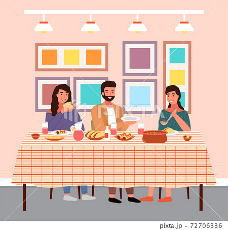 People are having dinner in the colorful restaurant. Characters eating mexican cuisine dishes 72706336