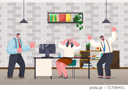 Businessmen experiencing stress at work because of the deadline and office chaos. Annoyed workers Businessmen experiencing stress at work because of the deadline and office chaos. Annoyed workers 72706401