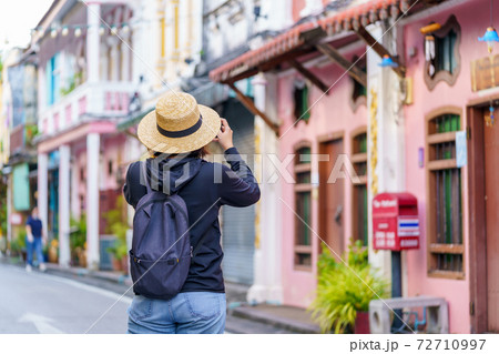 Travelers on street Phuket old town with Building Sino Portuguese architecture at Phuket Old Town area Phuket, Thailand. Travel concept 72710997