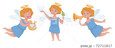 Angel with trumpet and harp, boy cupid character Angel with trumpet and harp, boy cupid character 72711817