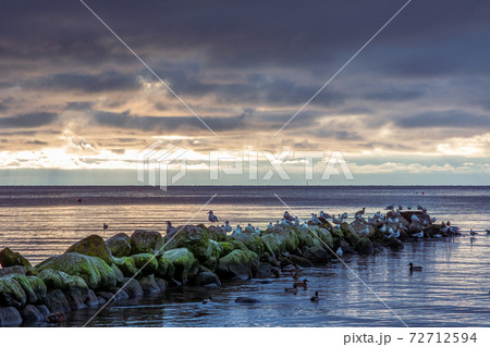 A beautiful sunset over the green boulders on a wave breaker. Photo from Hallevik, Blekinge, Sweden 72712594
