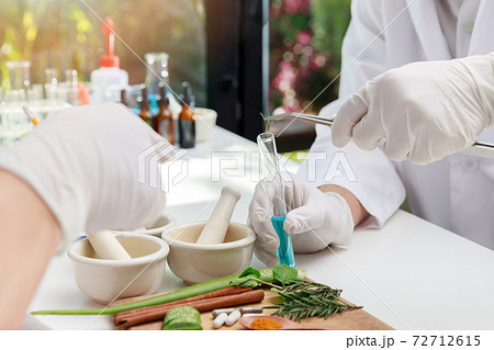 Herbal medicine preparation with fresh herbs and dried flowers used in natural alternative remedies. The scientist or doctor make herbal medicine from herb in the laboratory. 72712615