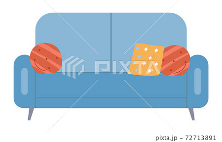 Soft couch with colorful pillows vector illustration. Blue sofa isolated on white background 72713891