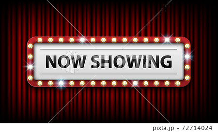 Now showing with electric bulbs frame on red curtain background, vector illustration 72714024