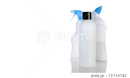 Spray bottle, empty pump clear plastic container cosmetic soap set and mineral shampoo. Antiseptic gel isolated in water blank cap on white background. Antibacterial sanitizer tube 72714782