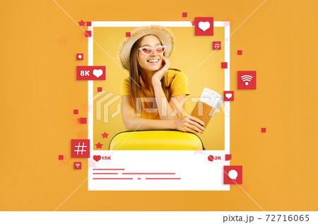 Female travel blogger with suitcase and plane tickets inside photo frame, collage with social media feedback reactions Female travel blogger with suitcase and plane tickets inside photo frame, collage with social media feedback reactions 72716065