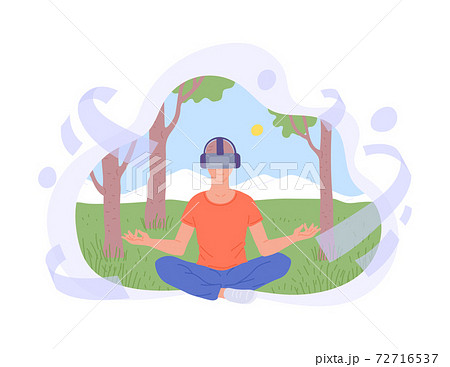 Young man in 3d vr glasses sits in lotus pose and meditation in virtual reality. Young man in 3d vr glasses sits in lotus pose and meditation in virtual reality. 72716537
