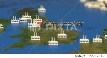 Factory icons near Manchester city on the map, industrial production related 3D rendering 72717315