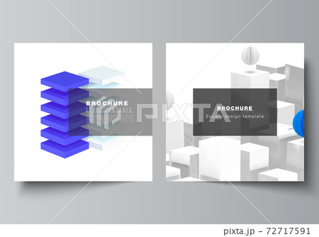 Vector layout of two square format covers templates for brochure, flyer, cover design, book design, brochure cover. 3d render vector composition with dynamic realistic geometric blue shapes in motion. 72717591