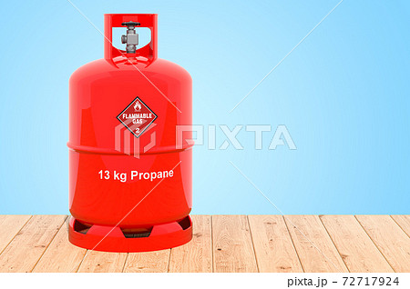 Propane cylinder with compressed gas on the wooden planks, 3D rendering Propane cylinder with compressed gas on the wooden planks, 3D rendering 72717924