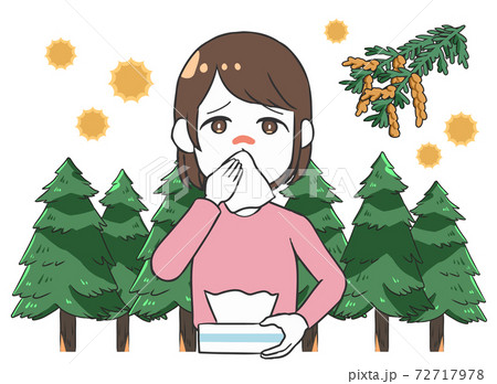花粉症で鼻をかむ 女性 スギの木 花粉症で鼻をかむ 女性 スギの木 72717978