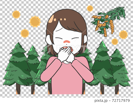 花粉症でくしゃみ 女性 スギの木 花粉症でくしゃみ 女性 スギの木 72717979