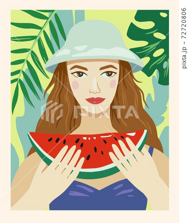Beautiful girl eating ripe juicy watermelon. Tropical landscape on the background. Vector illustration 72720806