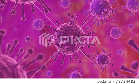Microscope of Coronavirus disease. Purple COVID-19. Pandemic medical background concept. 3D rendering illustration. 72724482