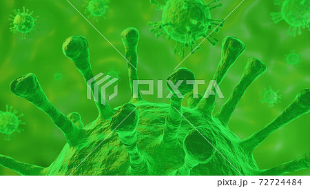 Microscope of Coronavirus disease. Green COVID-19. Pandemic medical background concept. 3D rendering illustration. 72724484