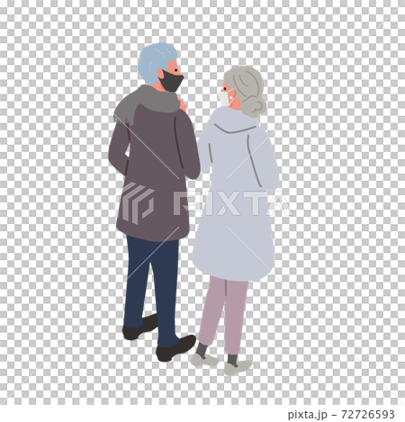 マスクをつけた歩くシニア夫婦 後ろ姿 イラストのイラスト素材