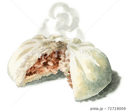 アナログ水彩中華まん半分に割った肉まんのイラスト素材