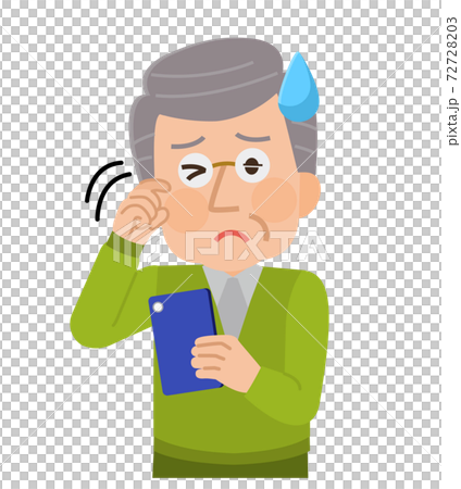 スマホによる眼精疲労　かすみ目　高齢男性　イラスト 72728203