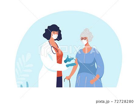 Doctor in clinic giving coronavirus vaccine to an elderly woman, conceptual illustration for immunity health. Adult immunization, covid vaccine. Flat illustration isolated on white background. 72728280
