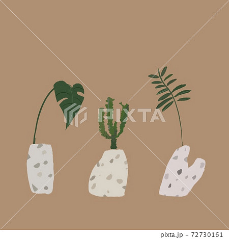 花瓶 フラワーベース に生けた植物 葉 グリーン モンステラ サボテン ディオーン のイラスト素材