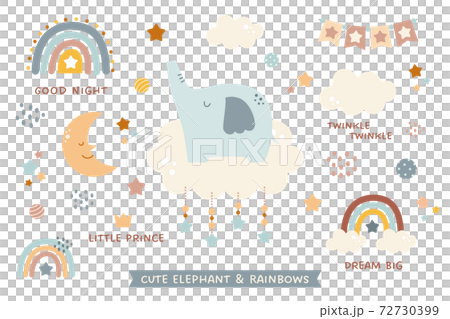 かわいいゾウ、虹などのベビー、幼児向けイラスト素材セット かわいいゾウ、虹などのベビー、幼児向けイラスト素材セット 72730399