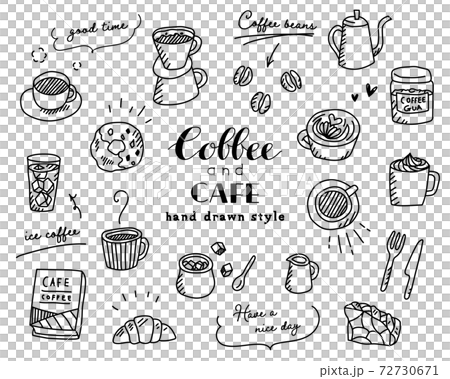 手描きのコーヒー、カフェのイラスト／セット／珈琲／スケッチ／スイーツ／マグカップ／おしゃれ 72730671
