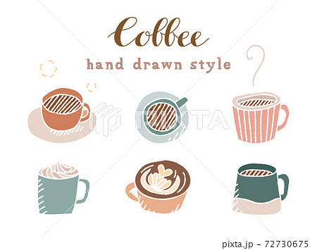 手描きのコーヒーのイラストのセット マグカップ 珈琲 コーヒーカップ カフェ おしゃれ かわいいのイラスト素材