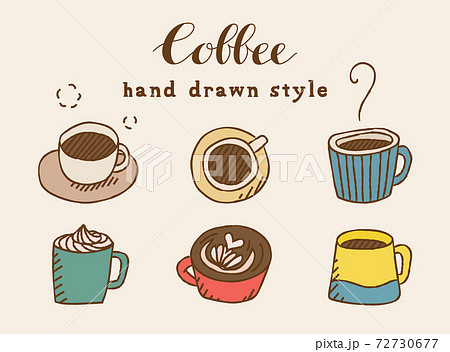 手描きのコーヒーのイラストのセット マグカップ 珈琲 コーヒーカップ カフェ おしゃれ かわいいのイラスト素材