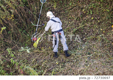 電動草刈機とほうきで草刈りをする植木職人の写真素材