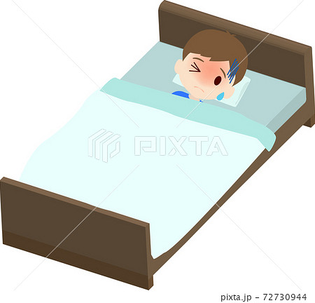 具合が悪くてベッドで寝る可愛い男の子供のイラストのイラスト素材