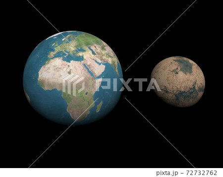 Earth and Mars planets size comparison - 3D render 72732762