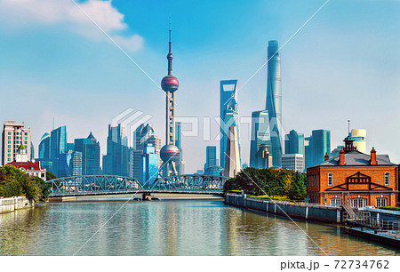 Beautiful cityscape shanghai skyline in sunny day, china 72734762