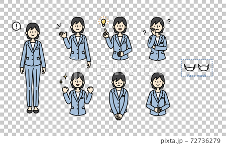 スーツ姿の女性の全身と色々な表情やしぐさの上半身イラストセット 72736279