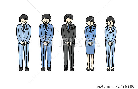 お辞儀をする5人のスーツ姿の男性と女性の全身イラストのイラスト素材