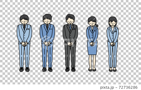 お辞儀をする5人のスーツ姿の男性と女性の全身イラストのイラスト素材