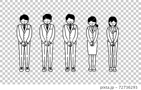 お辞儀をする5人のスーツ姿の男性と女性の全身イラストのイラスト素材