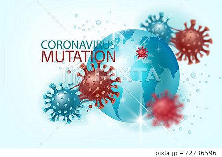 Coronavirus mutation vector background with COVID-19 molecules, globe, world map.  72736596