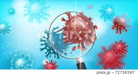 Coronavirus mutation vector background with COVID-19 molecules on blue under magnifier. Coronavirus mutation vector background with COVID-19 molecules on blue under magnifier. 72736597