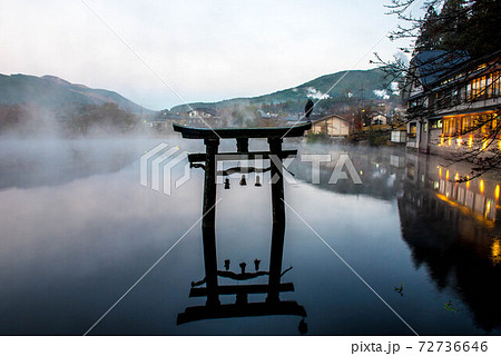 金鱗湖 幻想的な朝の写真素材