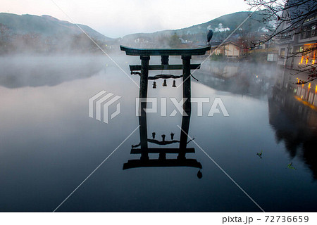 金鱗湖 幻想的な朝の写真素材