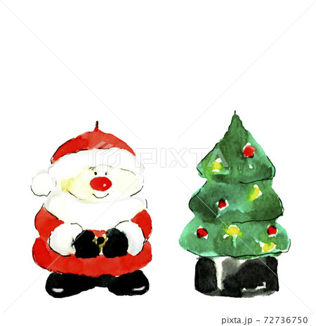 サンタとクリスマスツリーのキャンドル ロウソク 白背景 コピースペースあり 水彩イラスト のイラスト素材