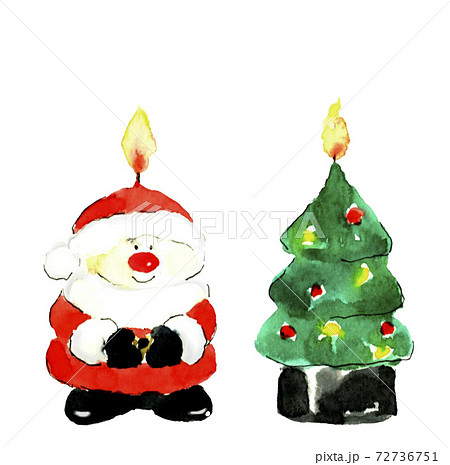 炎の灯るサンタとクリスマスツリーのキャンドル ロウソク 白背景 コピースペースあり 水彩イラスト のイラスト素材